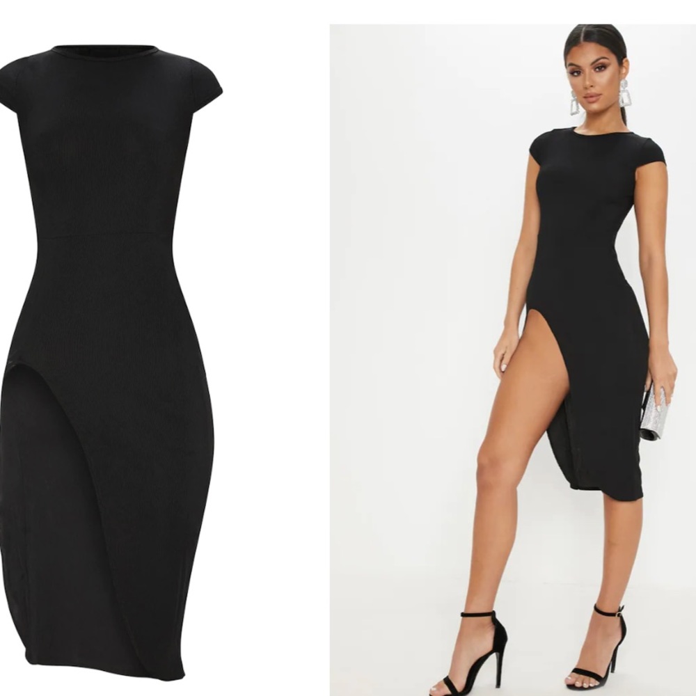 Ribbed Black Extreme Split Cap Sleeve Midi